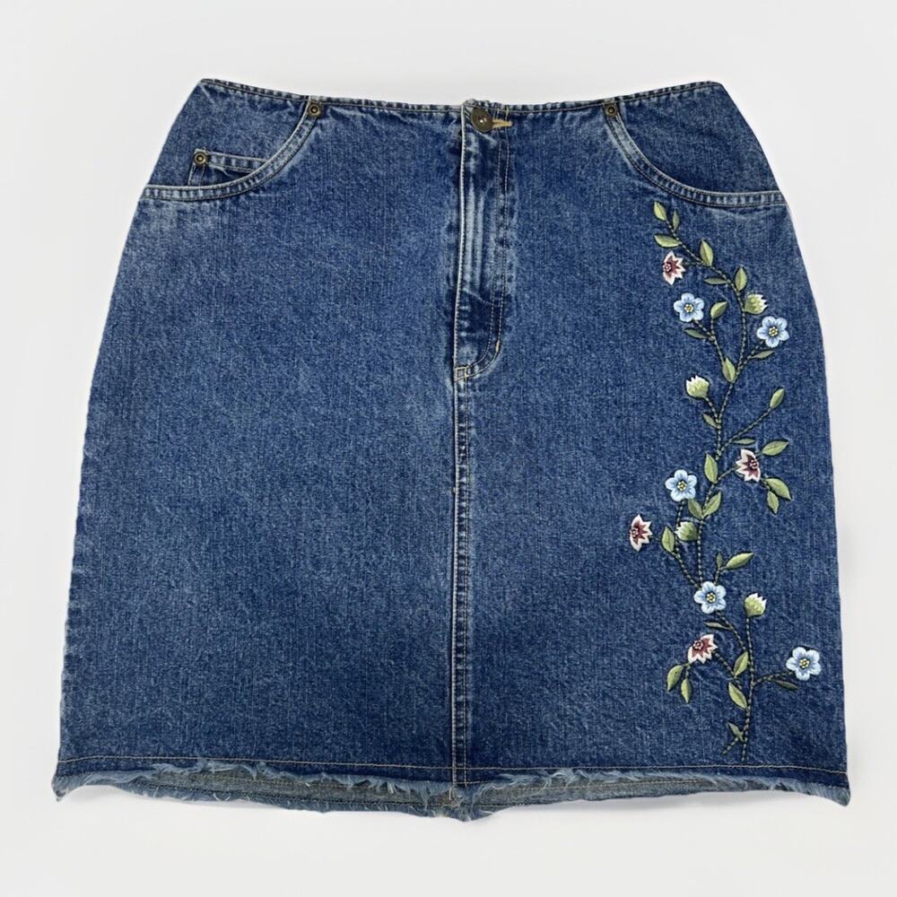 Vintage Liz Claiborne Denim Floral Embroidered Raw Hem Midi Skirt Size 8